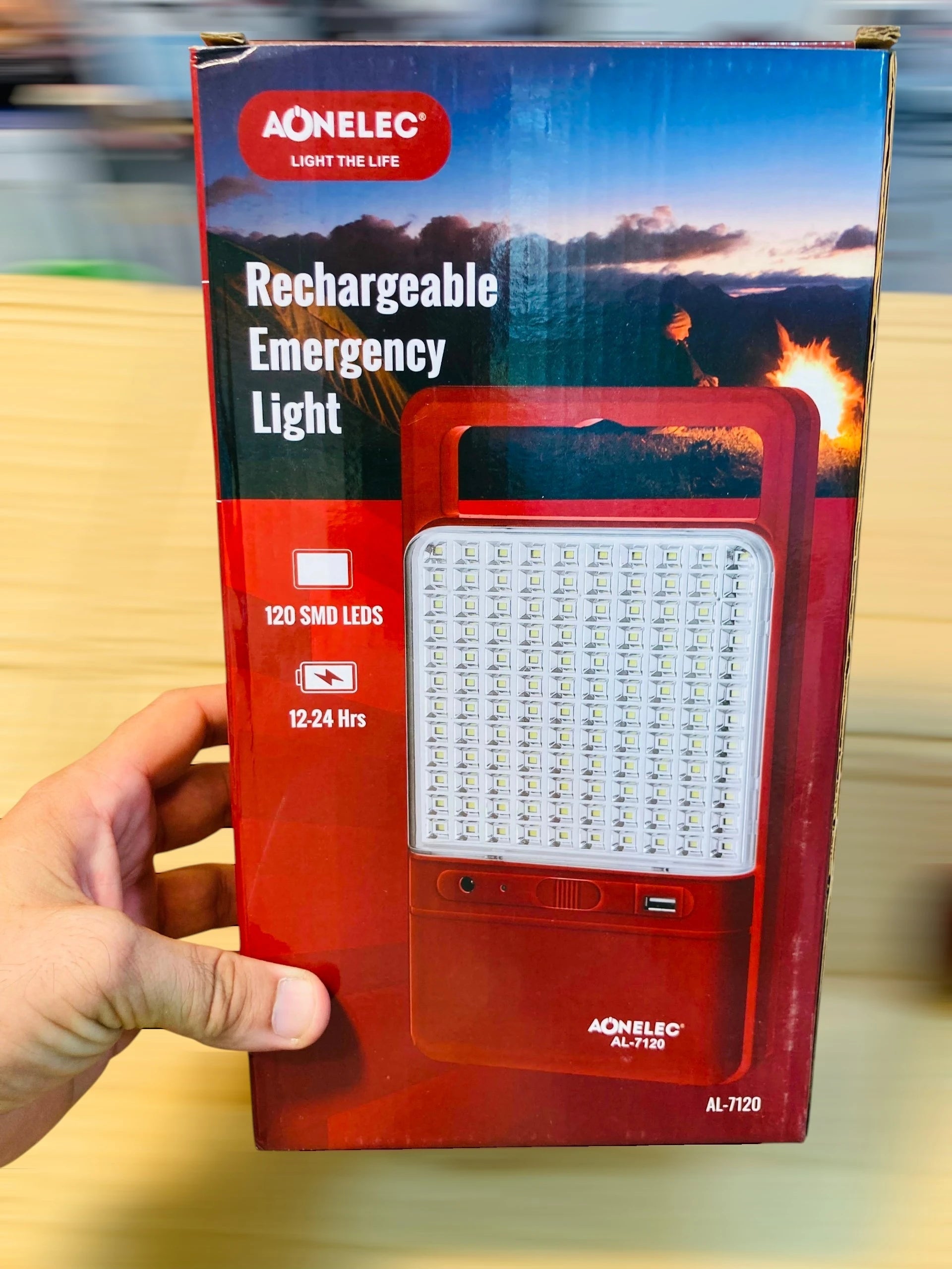 Aonelec  Rechargeable Emergency Light with 120 SMD LEDs, 4000mAh Battery, and USB Power Bank Output AL-7120