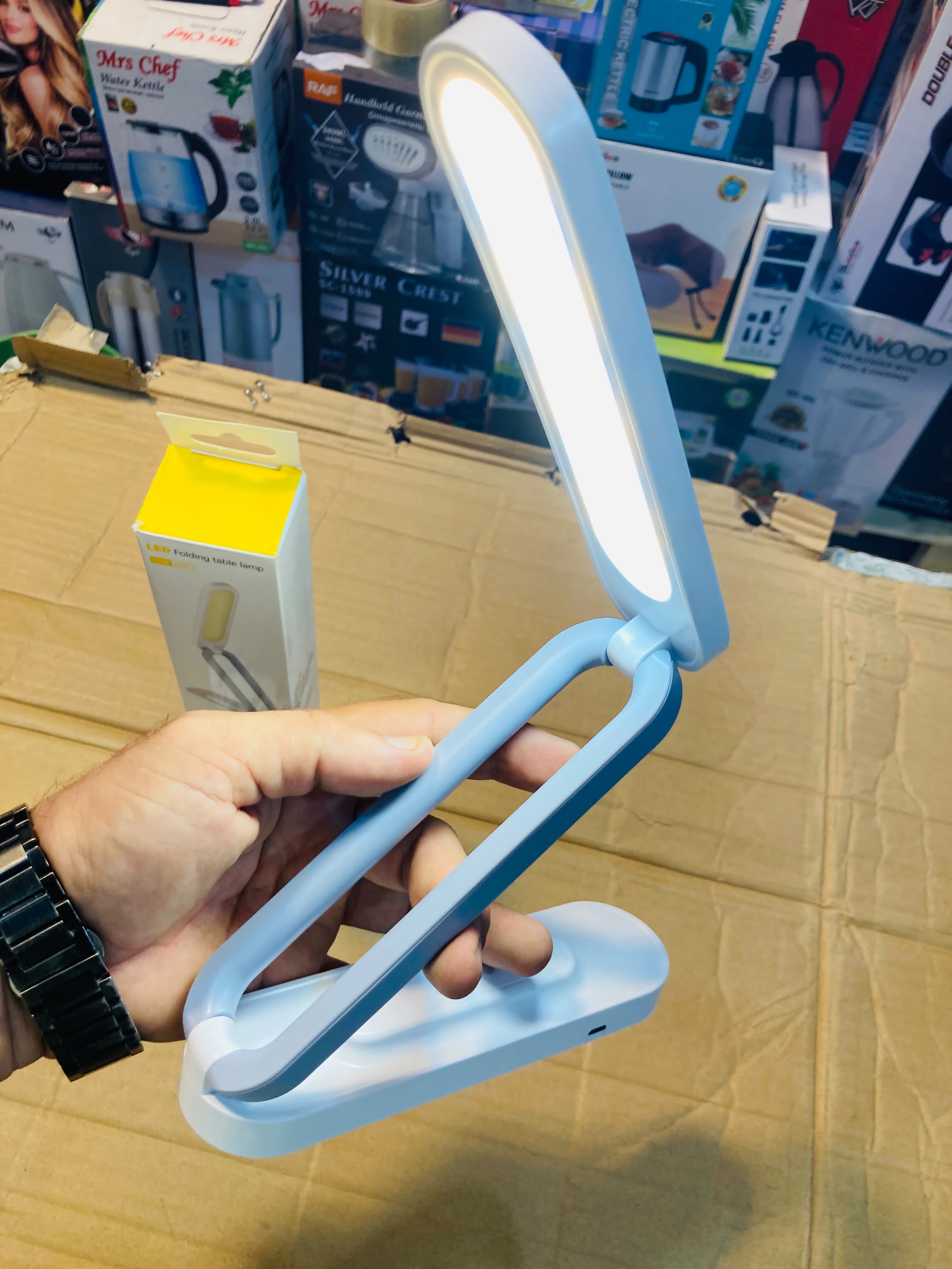 LED Folding Table Lamp – Portable 3W Rechargeable Desk Light with Dual-Arm Foldable Design, Touch Dimming, and USB Cable