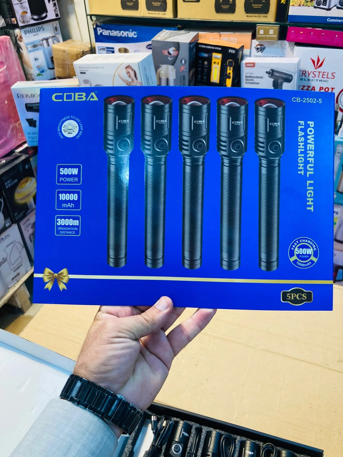 COBA 5 High-Power 500W LED Flashlight Set 3000m Beam Distance Telescopic Zoom 10000mAh Rechargeable Li-ion Battery CB-2502