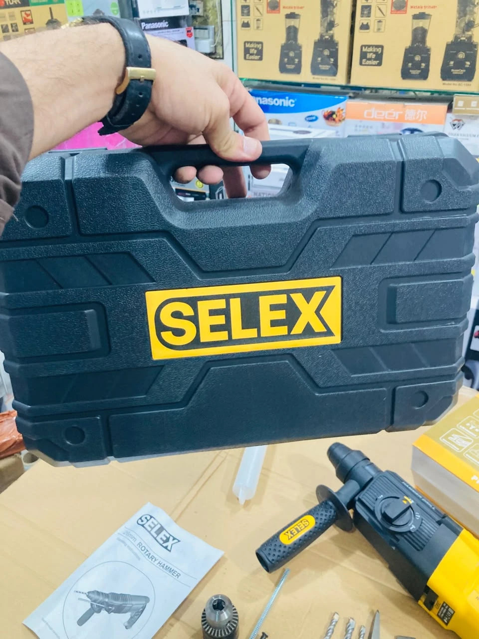 SELEX 850W 26mm Heavy-Duty 4-Function Rotary Hammer Drill Set with SDS-Plus Chuck, Drill Bits, Chisels & Carrying Case GT-1263