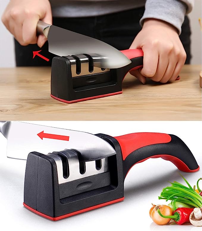 3 Stage Kitchen Knife Sharpener With Non Slip Rubber Handle.