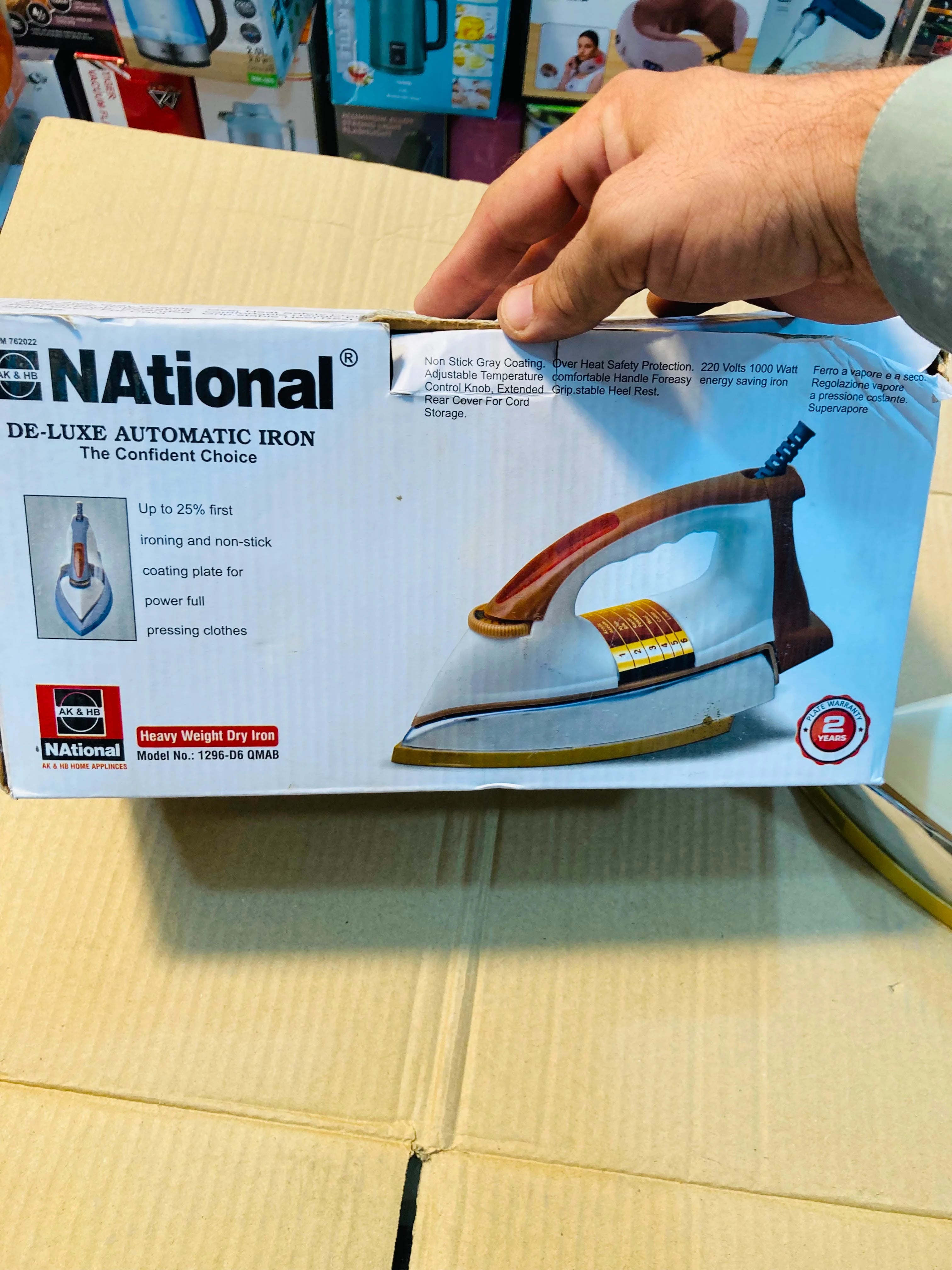 National AK & HB De-Luxe Automatic Heavy Weight Dry Iron, 1000W Energy Saving Iron with Non-Stick Coating Plate 1296-D6 QMAB