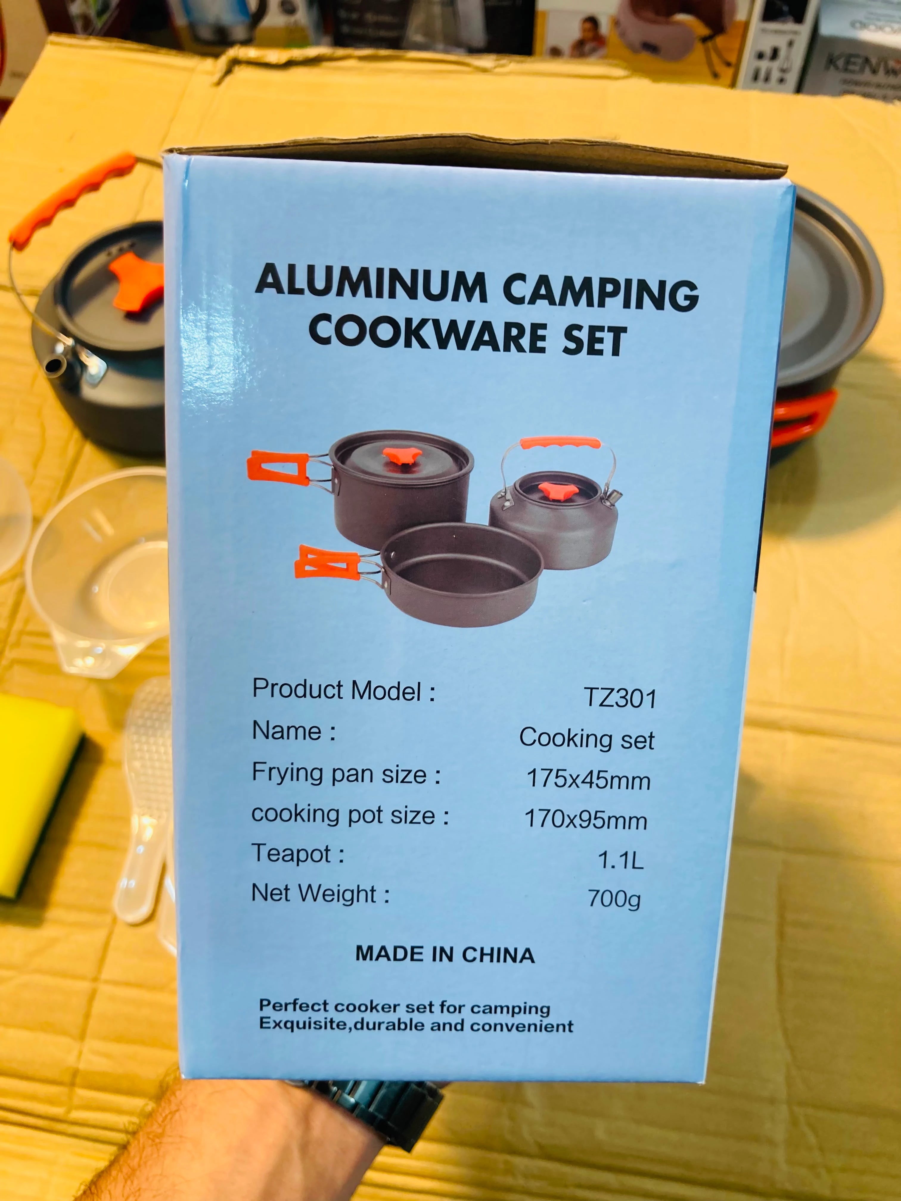 Aluminum Camping Cookware Set – 10-in-1 Lightweight Mess Kit with 1.1L Teapot, Pot, Frying Pan & Accessories TZ301