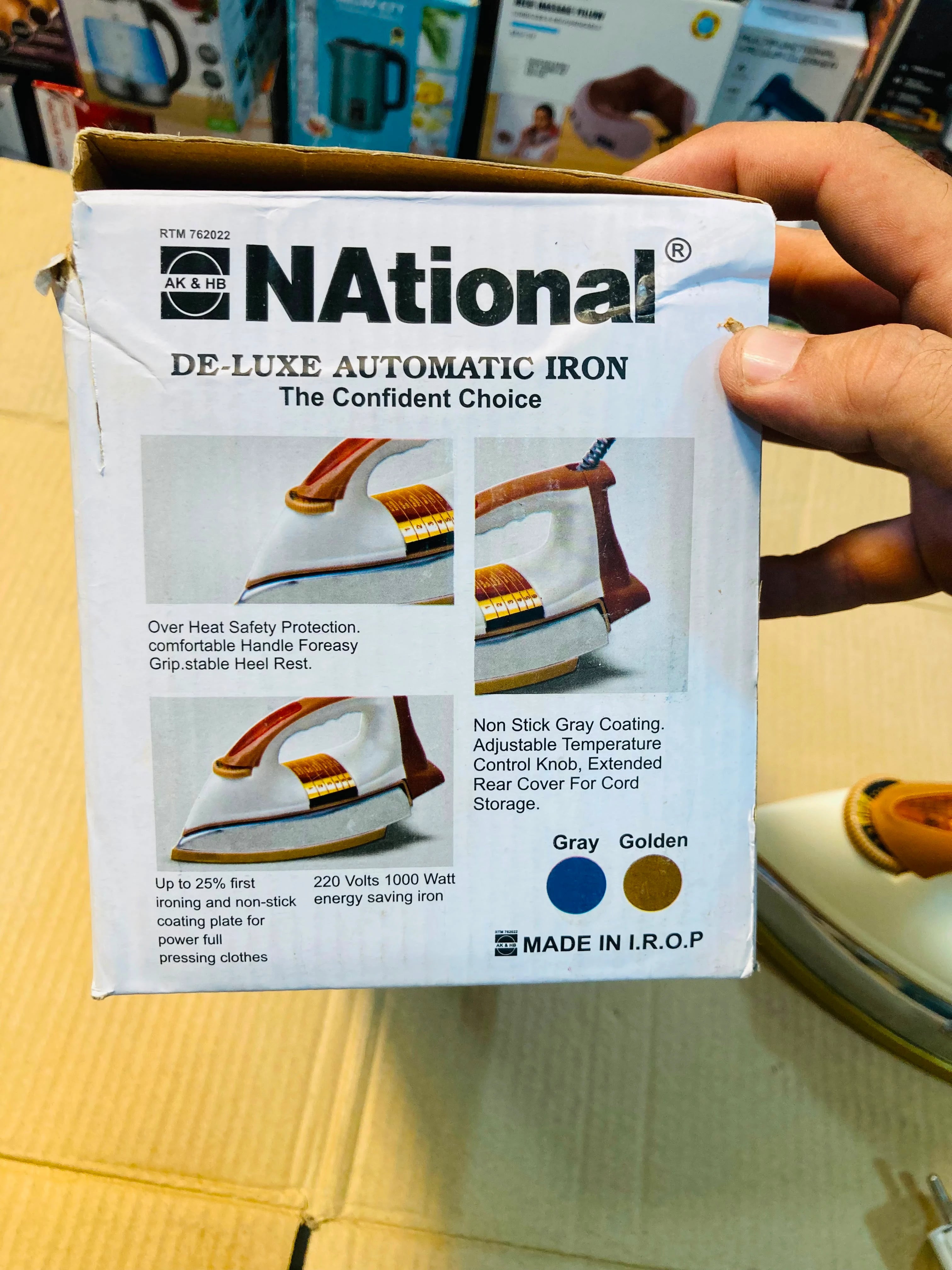 National AK & HB De-Luxe Automatic Heavy Weight Dry Iron, 1000W Energy Saving Iron with Non-Stick Coating Plate 1296-D6 QMAB