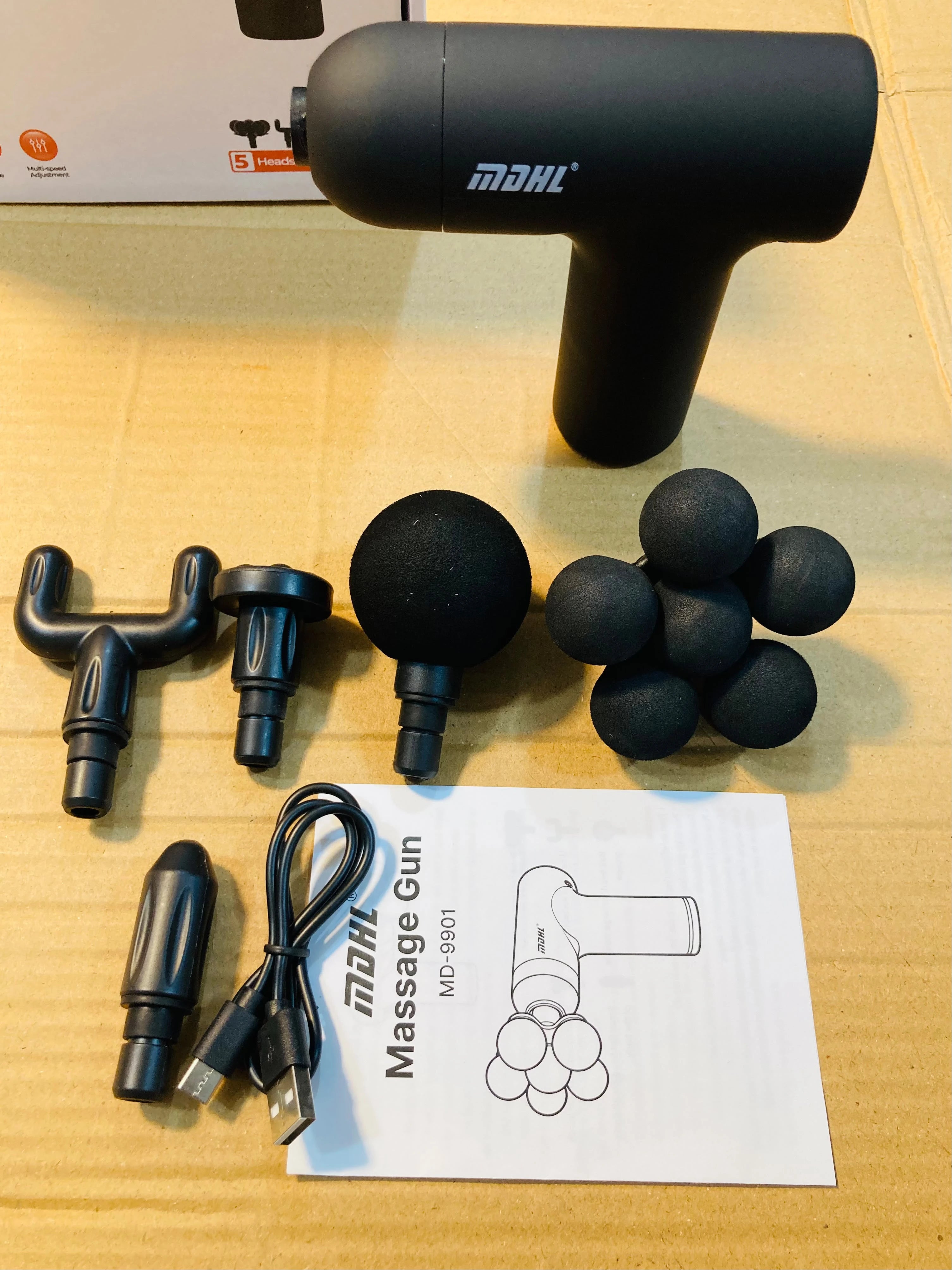 MDHL Portable Mini Massage Gun 6-Speed Deep Tissue Electric Handheld Massager with 5 Detachable Heads MD-990
