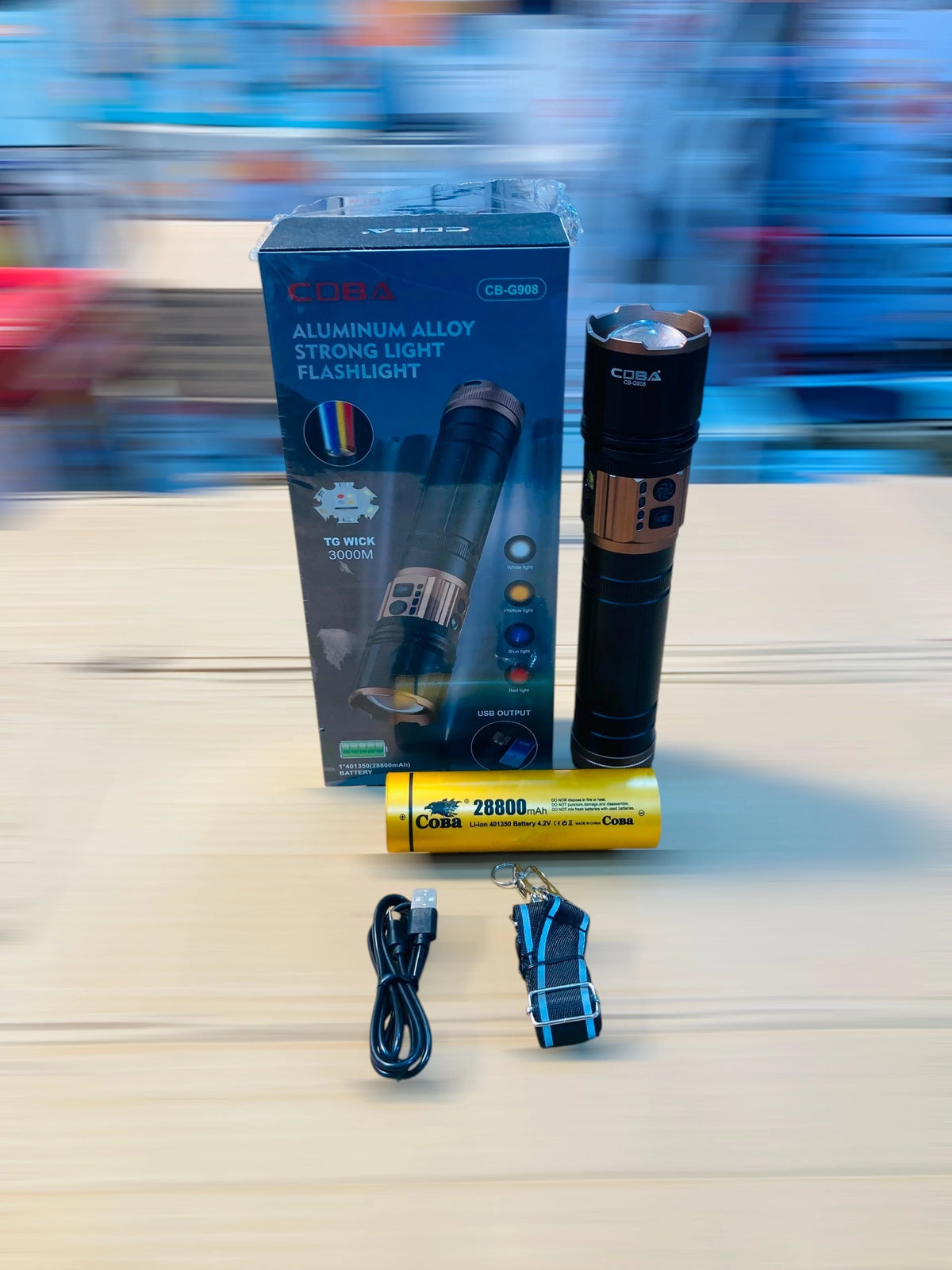 COBA  Aluminum Alloy Strong Light Flashlight with TG Wick, Side Light & 28800mAh Battery CB-G908