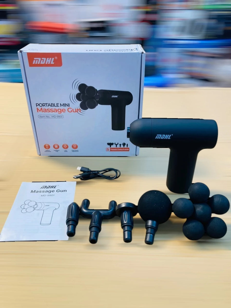 MDHL Portable Mini Massage Gun 6-Speed Deep Tissue Electric Handheld Massager with 5 Detachable Heads MD-990