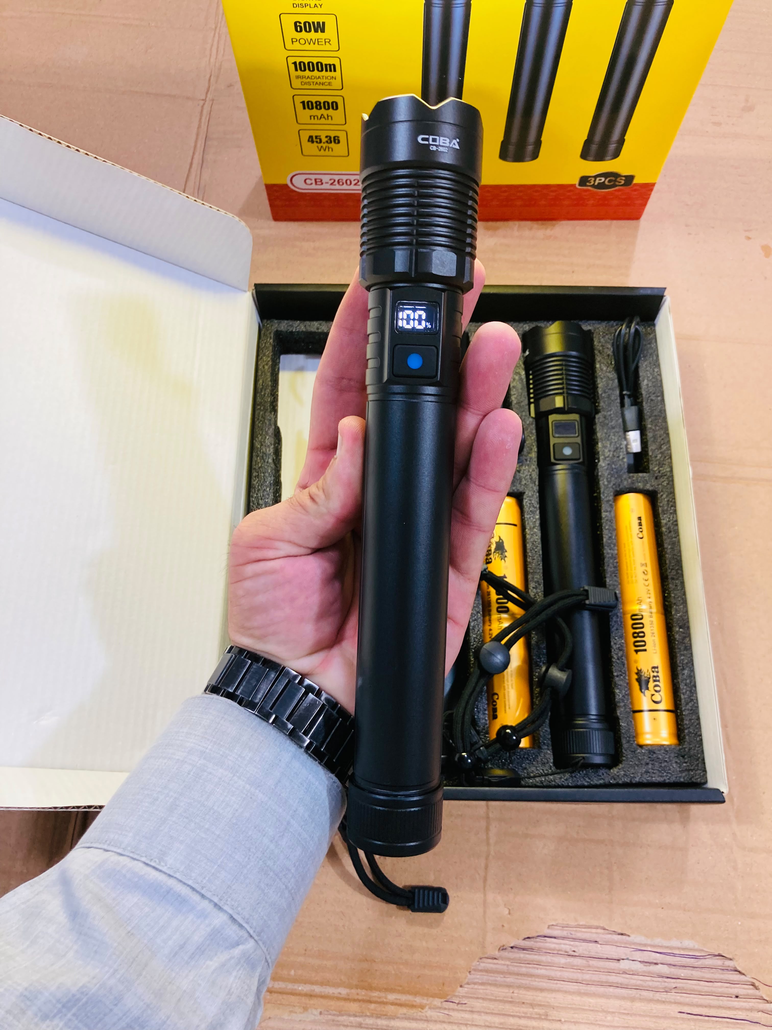 COBA Rechargeable Long Range Tactical Flashlight Set 60W LED High Power Flashlights with Digital Display Telescopic Zoom & 10800mAh Batteries CB-2602-3