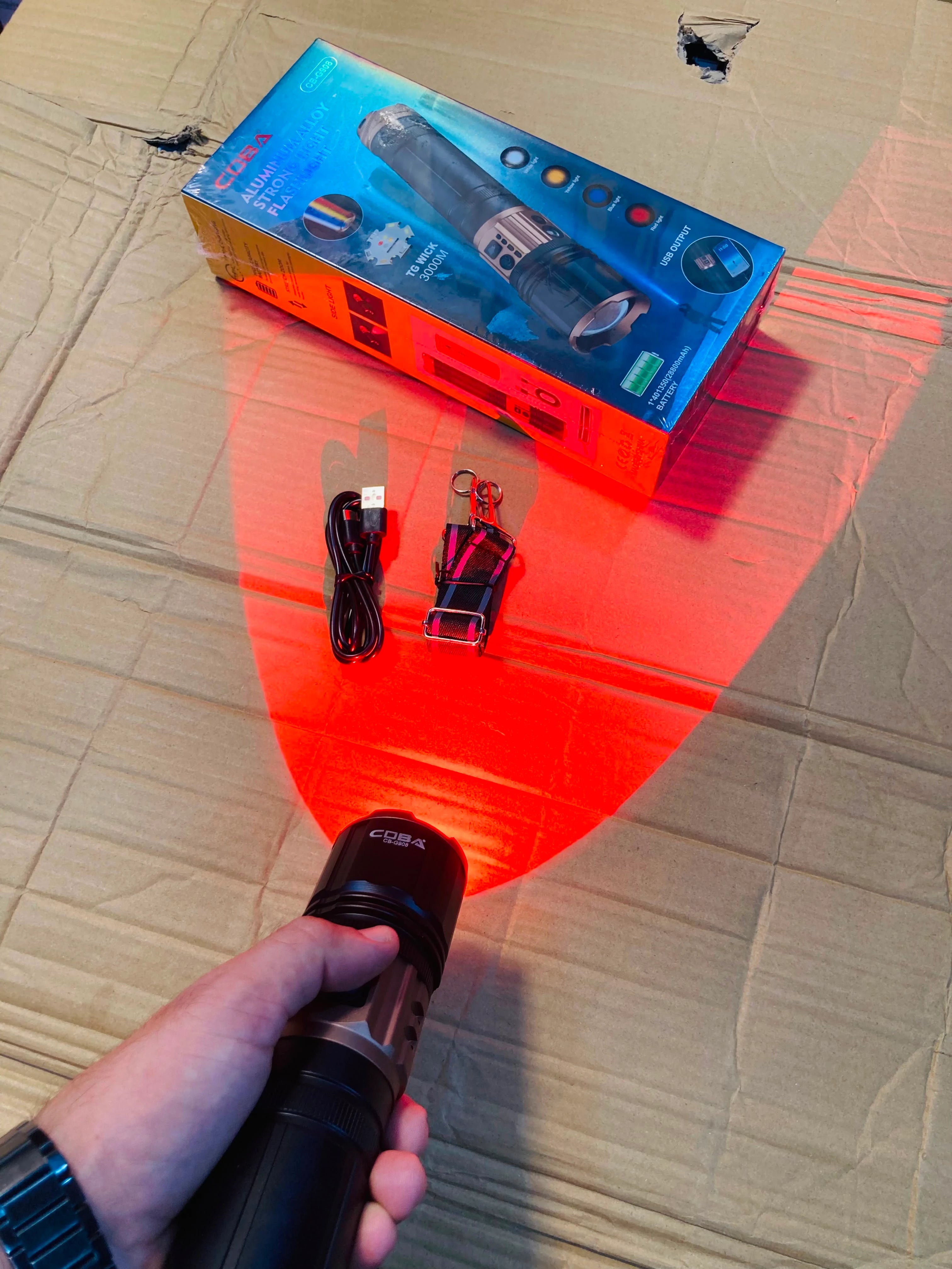 COBA  Aluminum Alloy Strong Light Flashlight with TG Wick, Side Light & 28800mAh Battery CB-G908